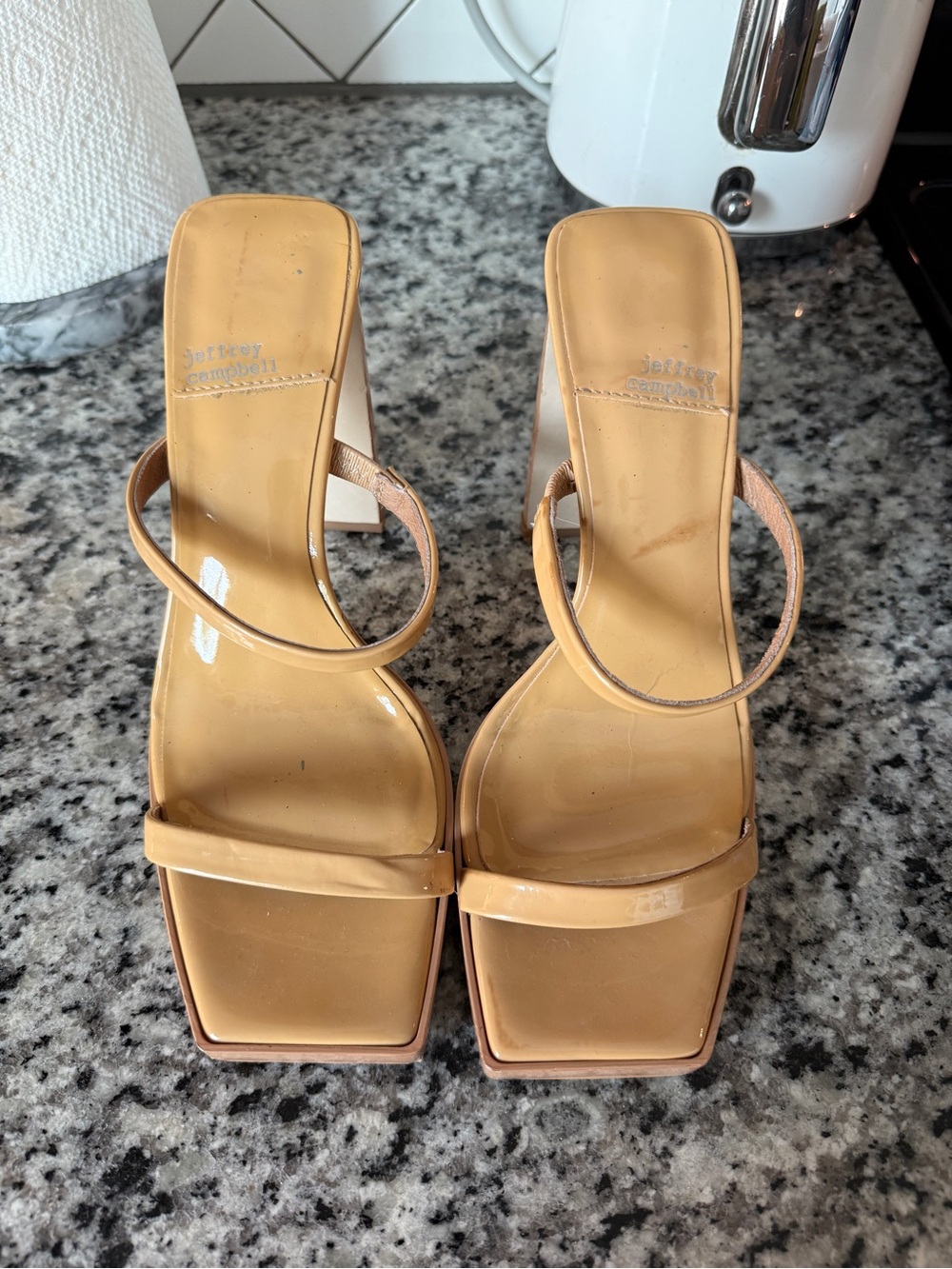 Jeffrey Campbell Nude Patent Square-Toe Strappy Heels